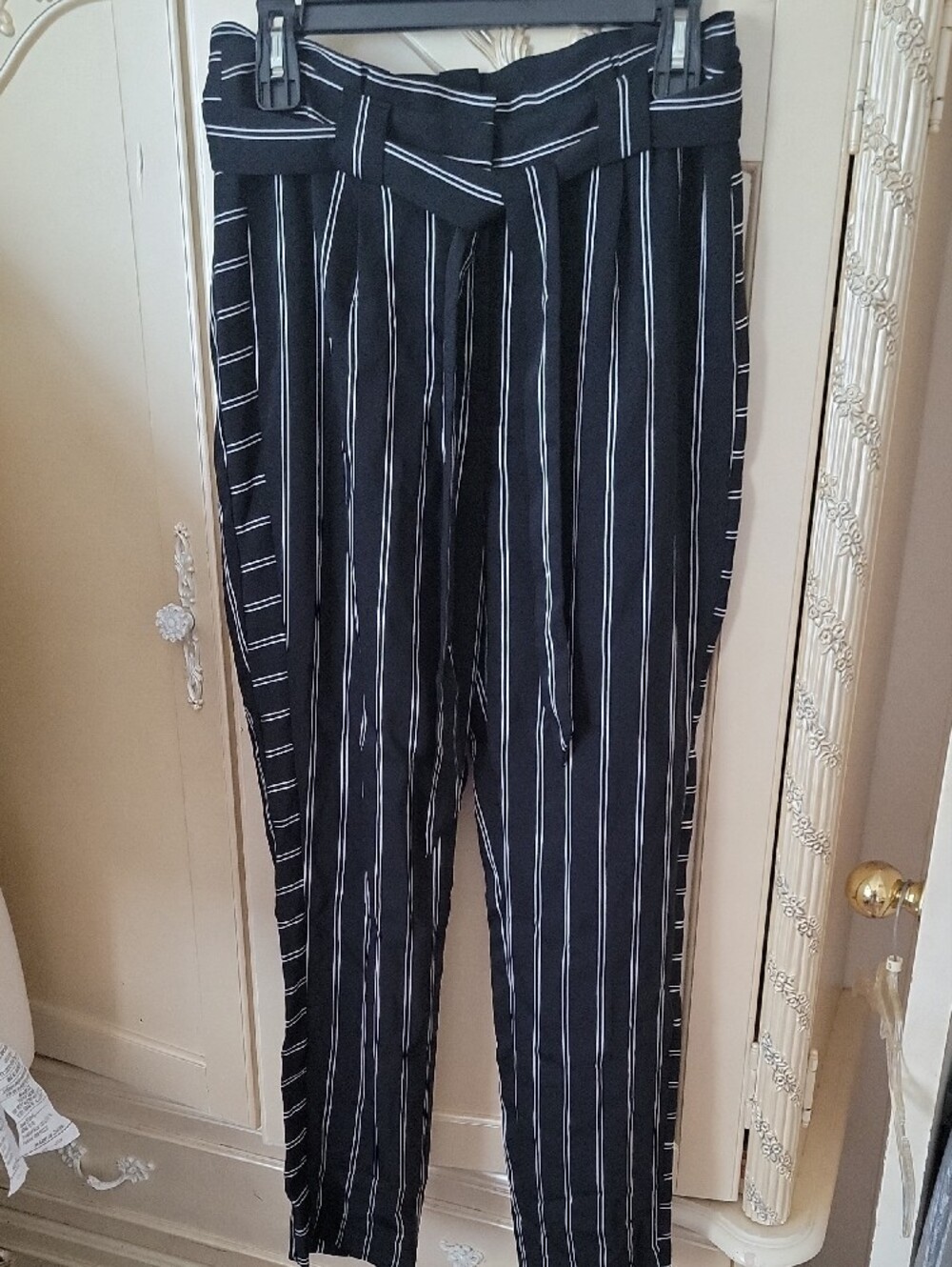 Express Navy Pinstripe High-Waist Wide-Leg Trousers with Self Tie - Picture 5 of 8